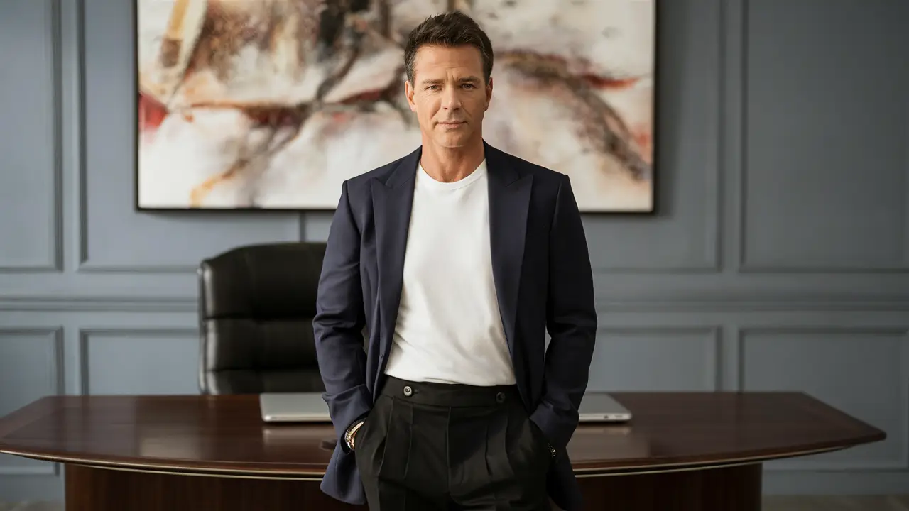 Homem com cabelo curto e escuro com camiseta branca e blazer azul-marinho em um escritório elegante.