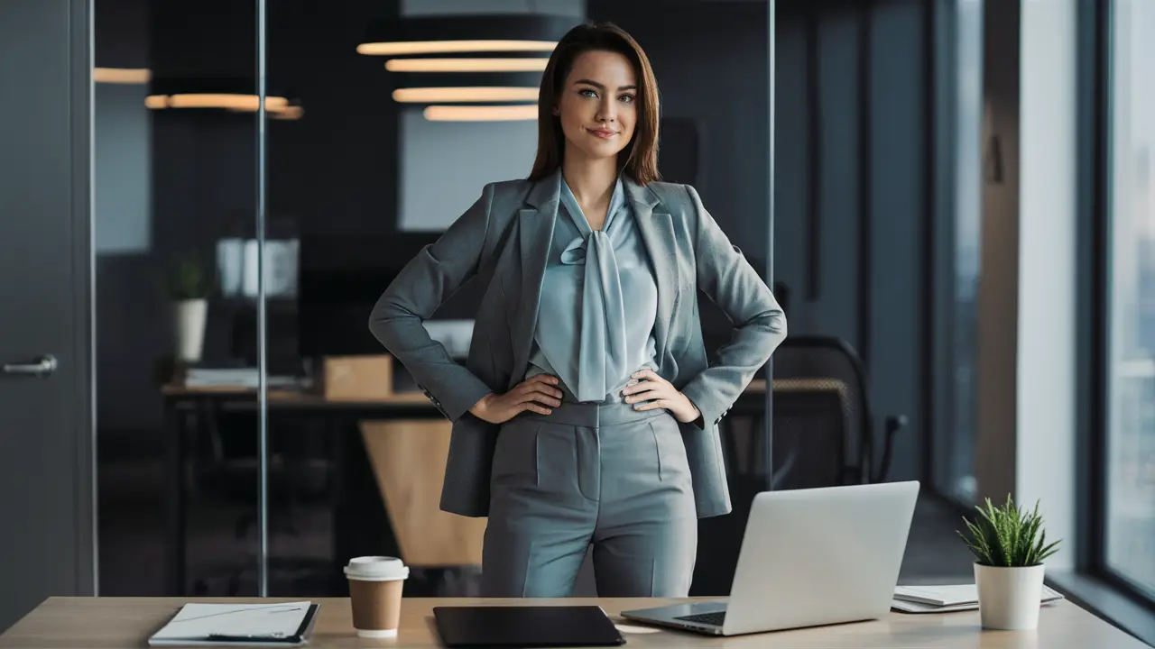 Mulher em escritório usando blazer elegante, blusa moderna e calças, com laptop e planta ao lado.