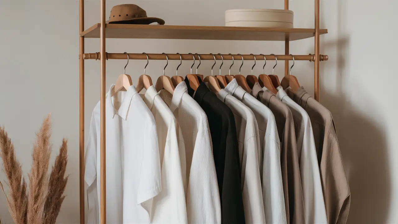 Roupas lisas em tons neutros e brancos organizadas em cabides de madeira em um ambiente claro.