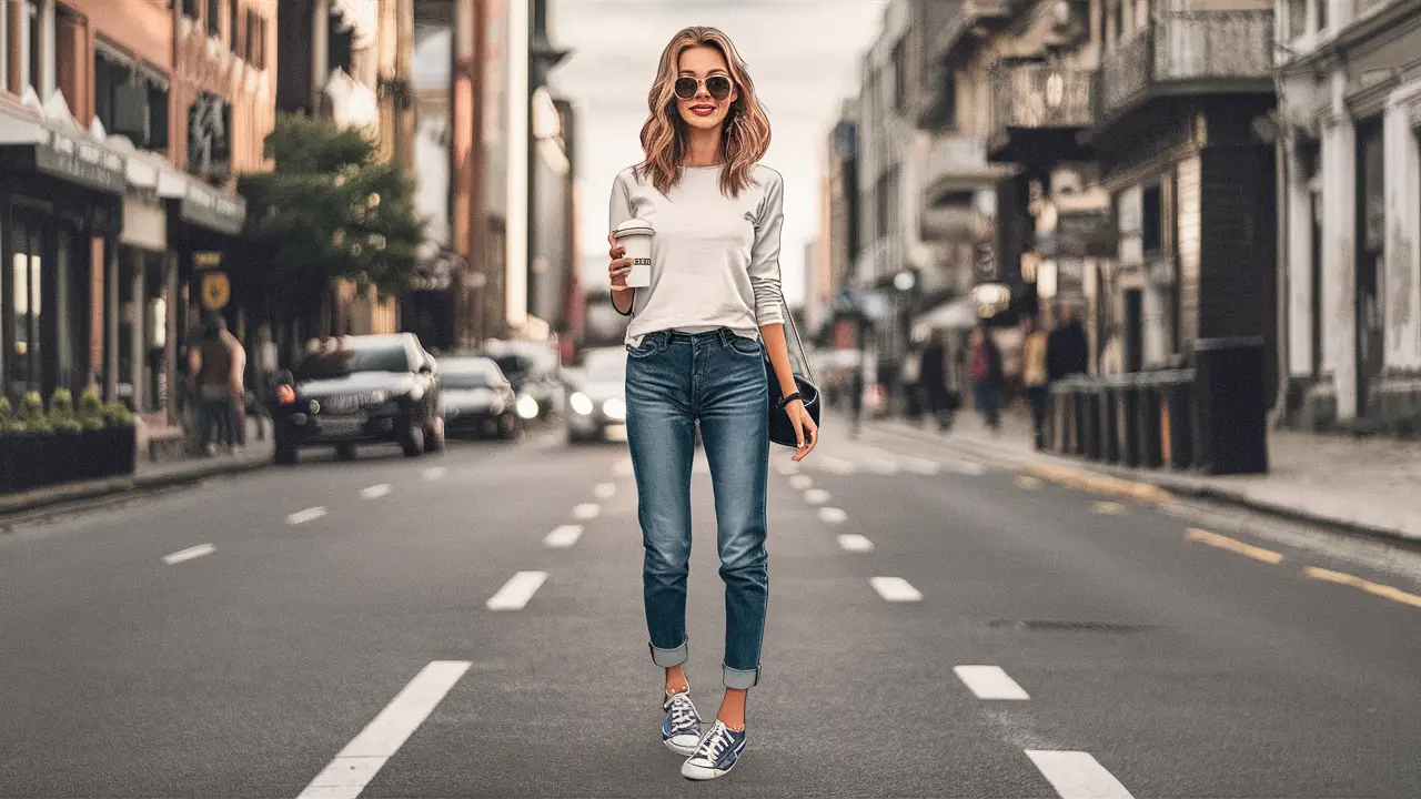 Mulher jovem em pé na rua, usando top branco liso, jeans azuis e tênis, segurando um copo de café com fundo de cidade.