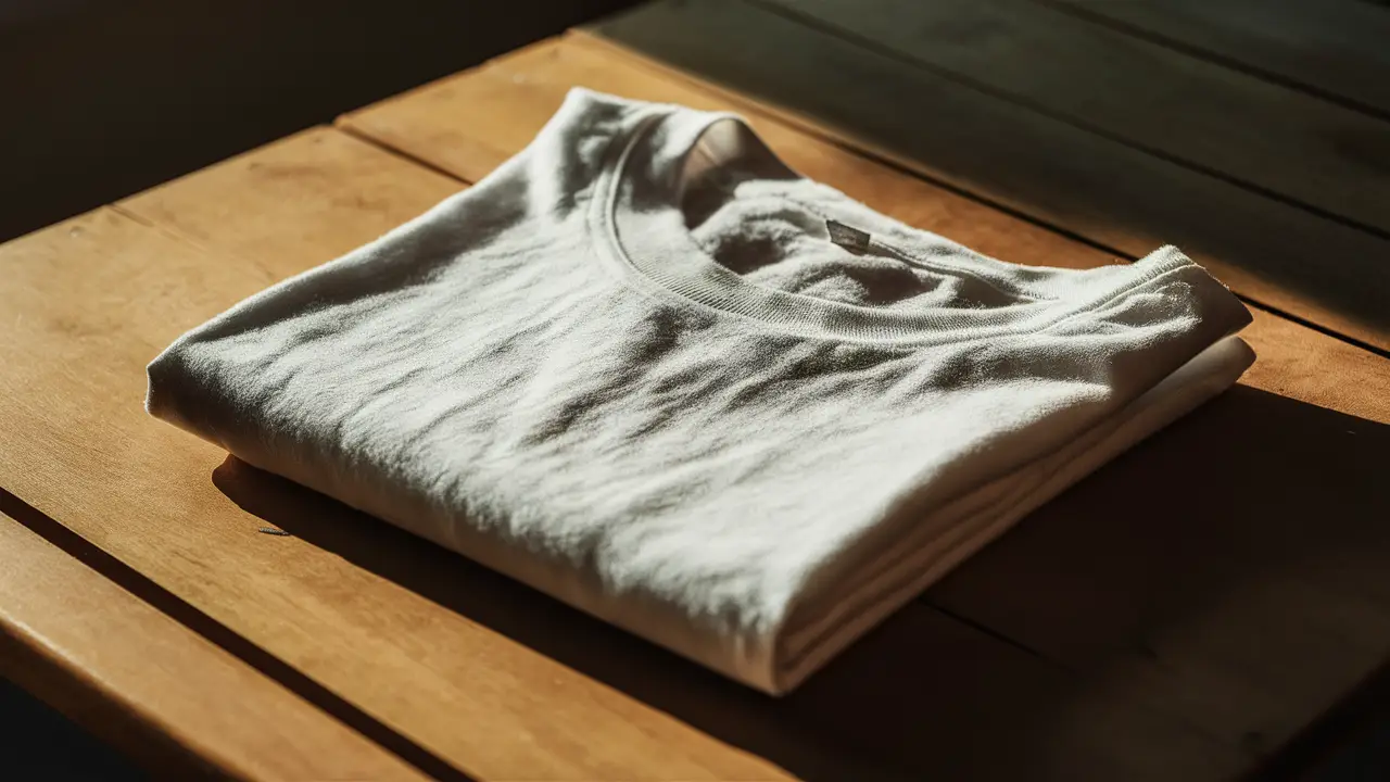 Camiseta branca de algodão dobrada sobre uma mesa de madeira iluminada por luz suave.
