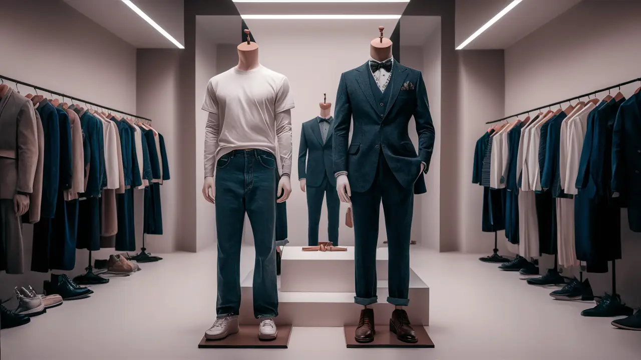 Manequins mostrando combinações de roupas casuais e formais em um estúdio de moda minimalista.