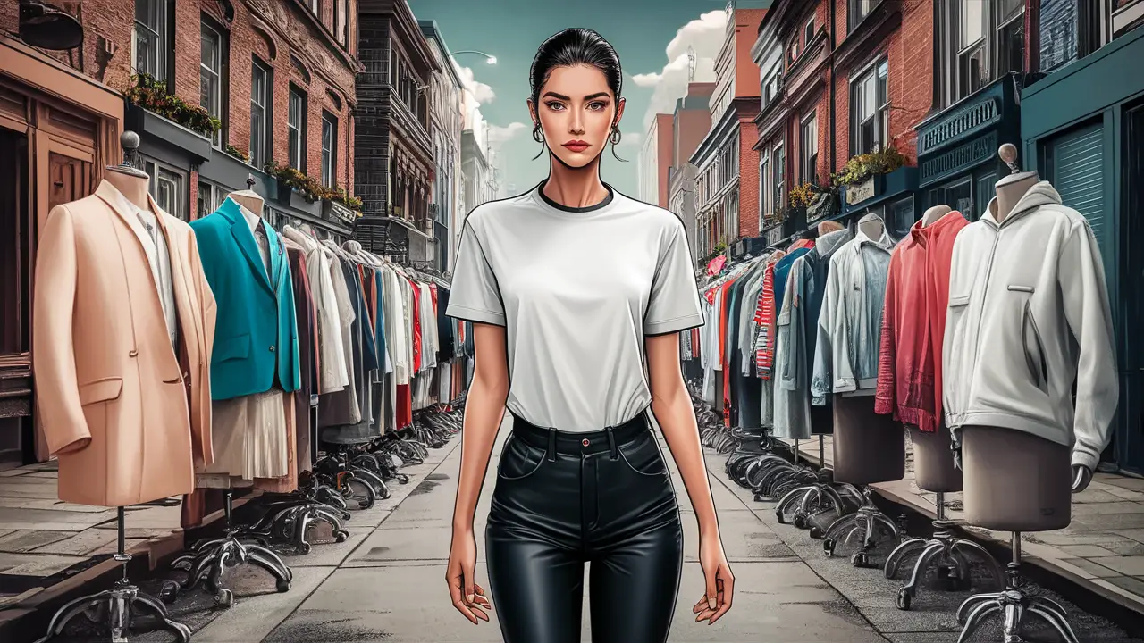 Modelo em passarela ao ar livre vestindo camiseta branca moderna com manequins de roupas diversas ao redor.