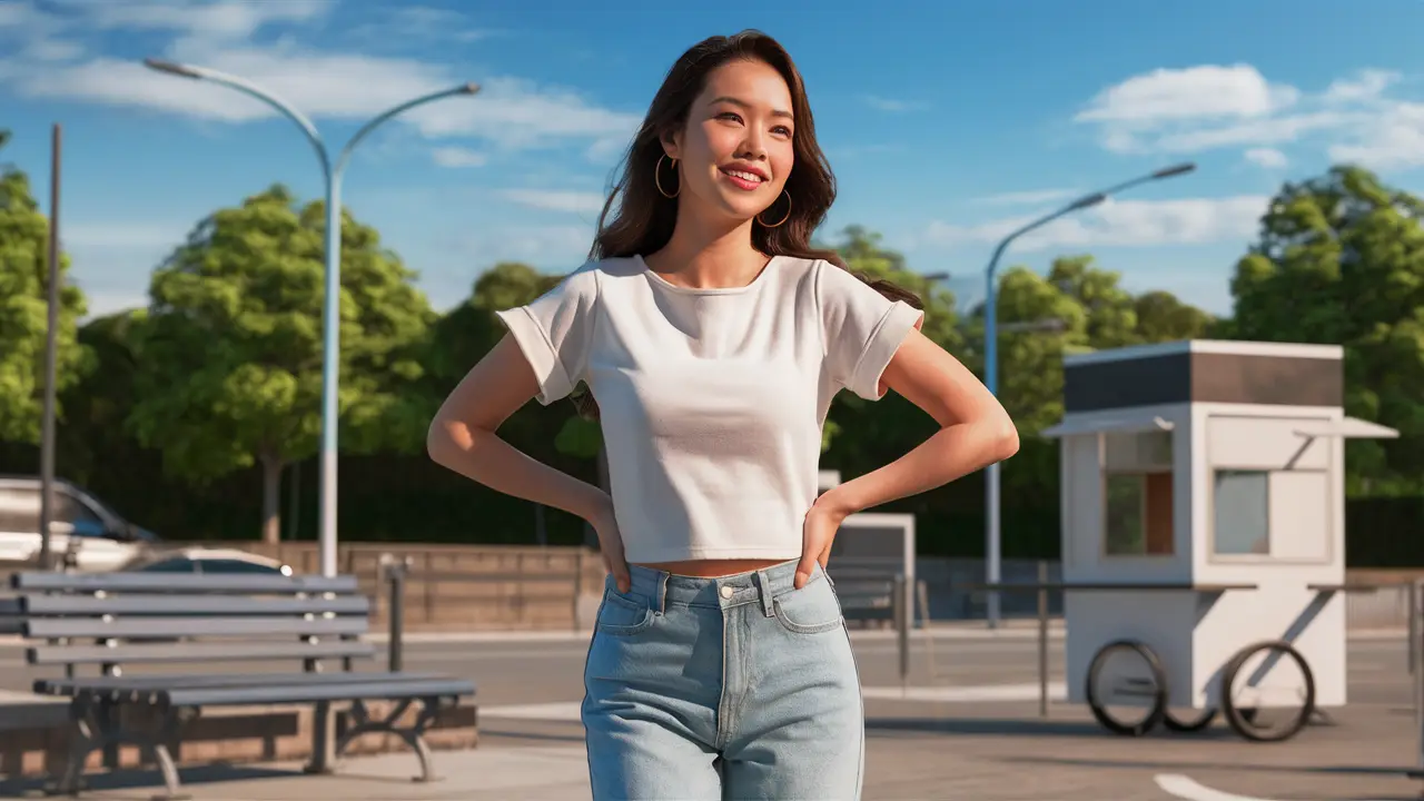 Mulher de vinte anos com top branco e jeans, em cenário urbano casual, com banco, carrinho de café e árvores.