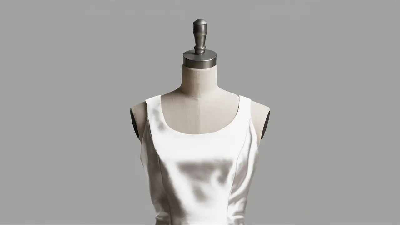 Top liso branco minimalista em um manequim com textura acetinada, fundo cinza neutro.