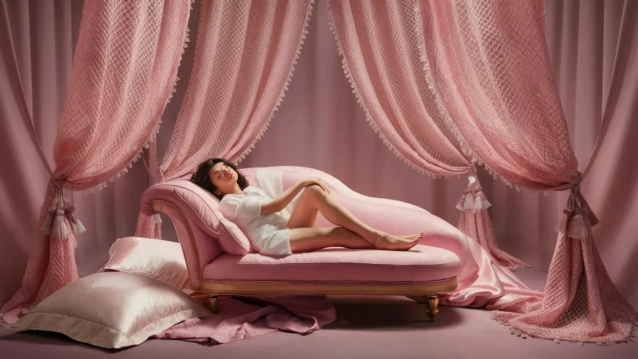 Mulher deitada em chaise longue pastel com lençóis de seda creme e cortinas rosa claro em quarto aconchegante.