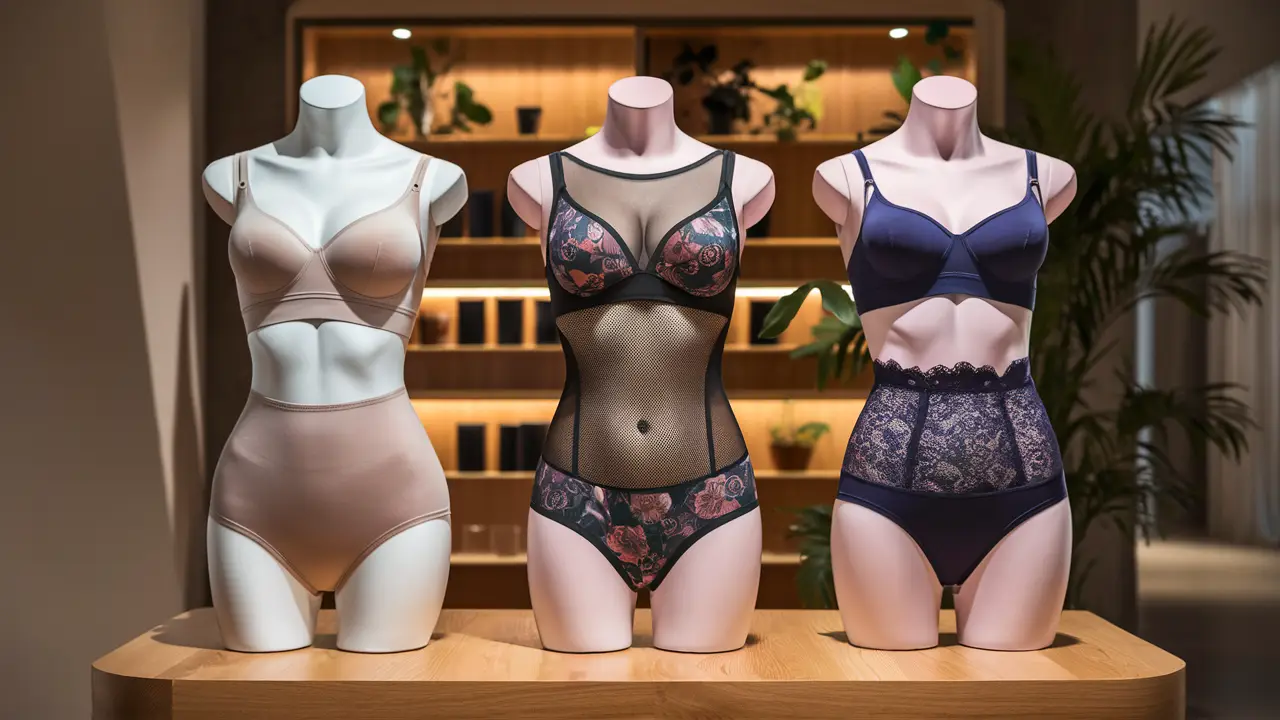 Mannequins em uma loja exibindo estilos inovadores de underwear feminina em tecidos modernos e cores variadas.