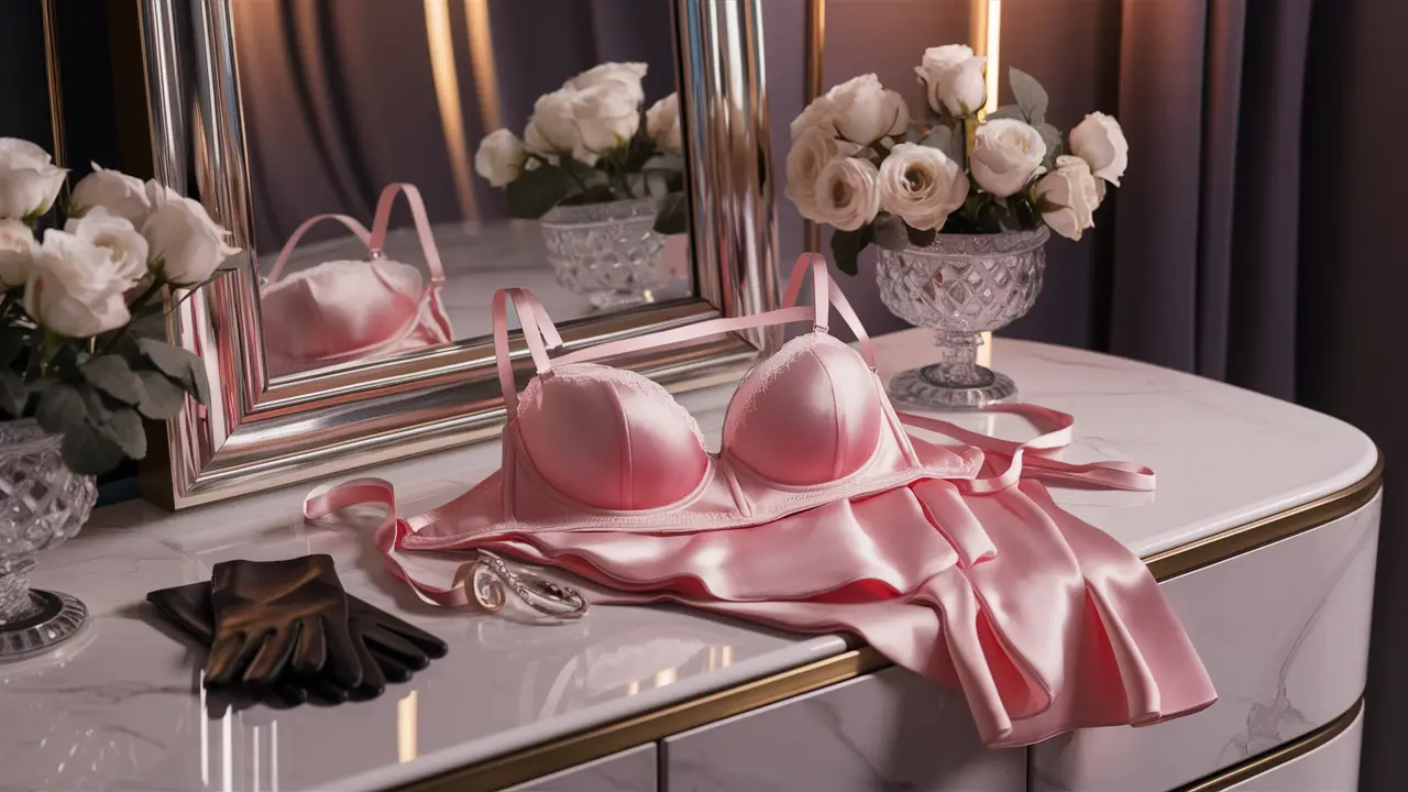 Lingerie de cetim rosa sobre penteadeira de mármore branco com rosas brancas em vaso de cristal.