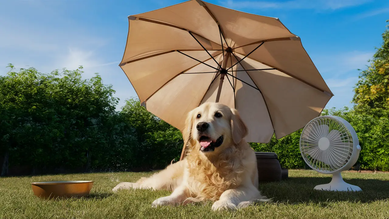 Golden retriever deitado na grama sob um guarda-sol ao lado de uma tigela de água e um ventilador pequeno.