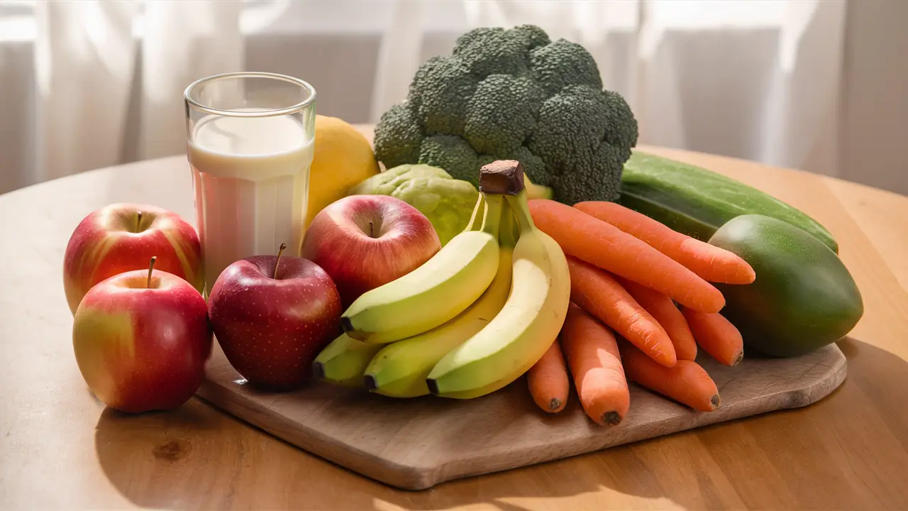 Frutas e vegetais frescos, incluindo maçãs, bananas, cenouras e brócolis, organizados em uma mesa com um copo de leite.