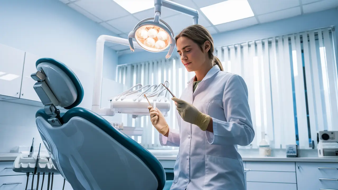 Dentista em consultório odontológico moderno com espelho e explorador dental ao lado de uma cadeira reclinável.