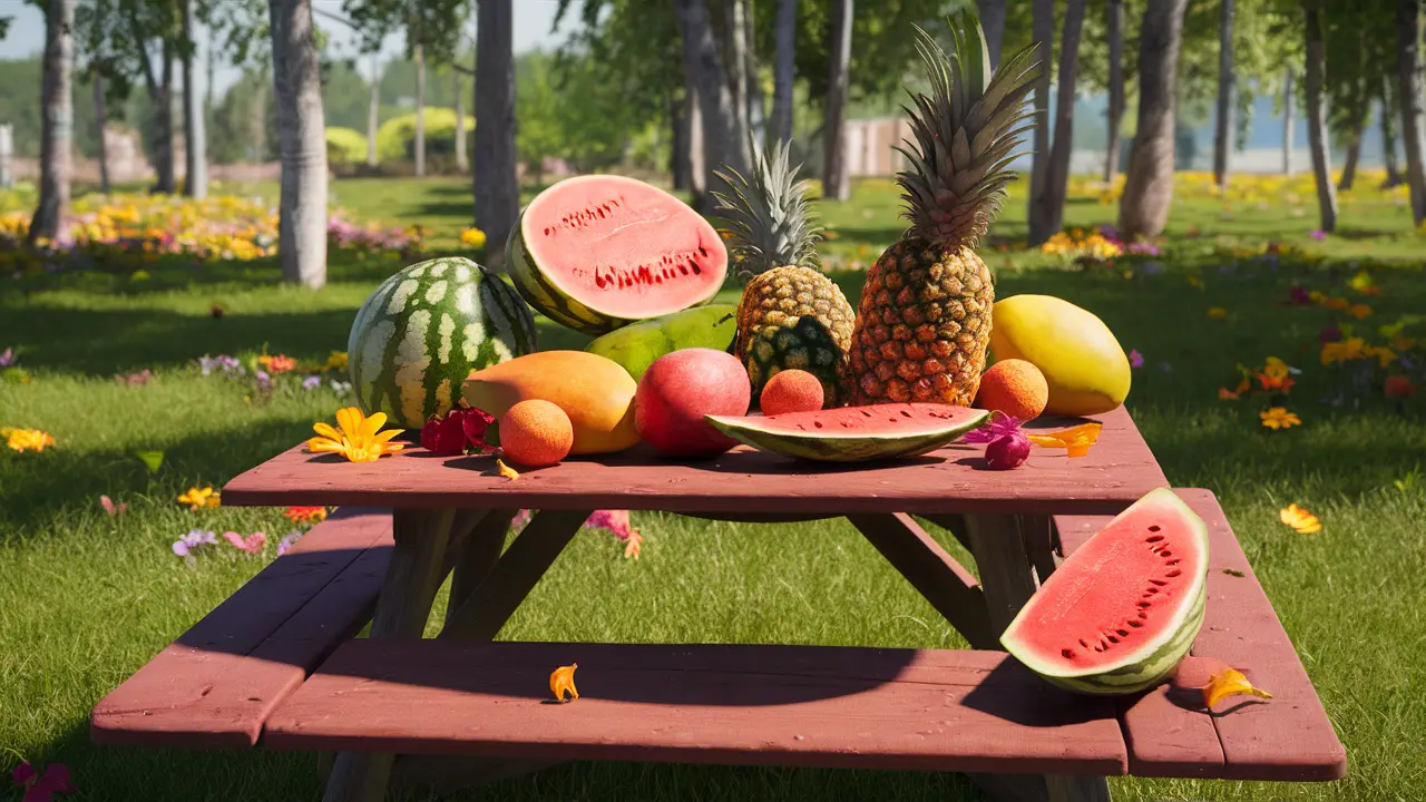 Mesa de piquenique com frutas de verão como melancias e abacaxis em um parque ensolarado.