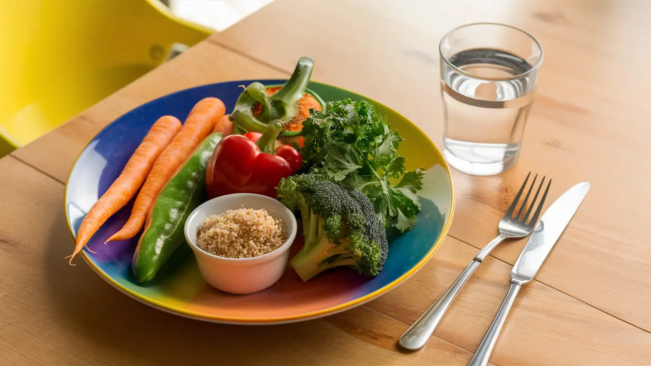 Prato colorido com legumes frescos, tigela de quinoa e copo de água sobre mesa de madeira.