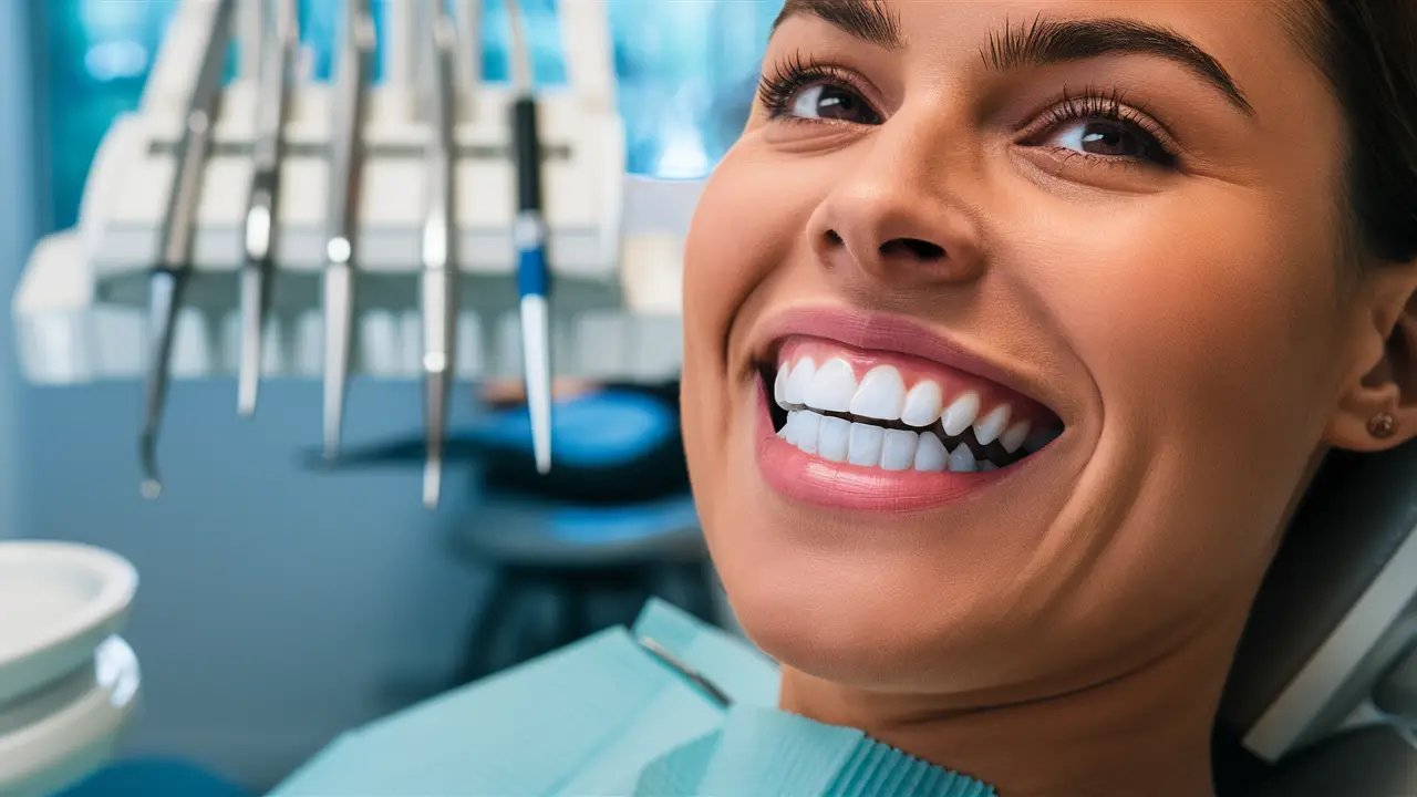 Próximo dos dentes claros e simétricos de um paciente em uma cadeira de dentista com instrumentos ao fundo.