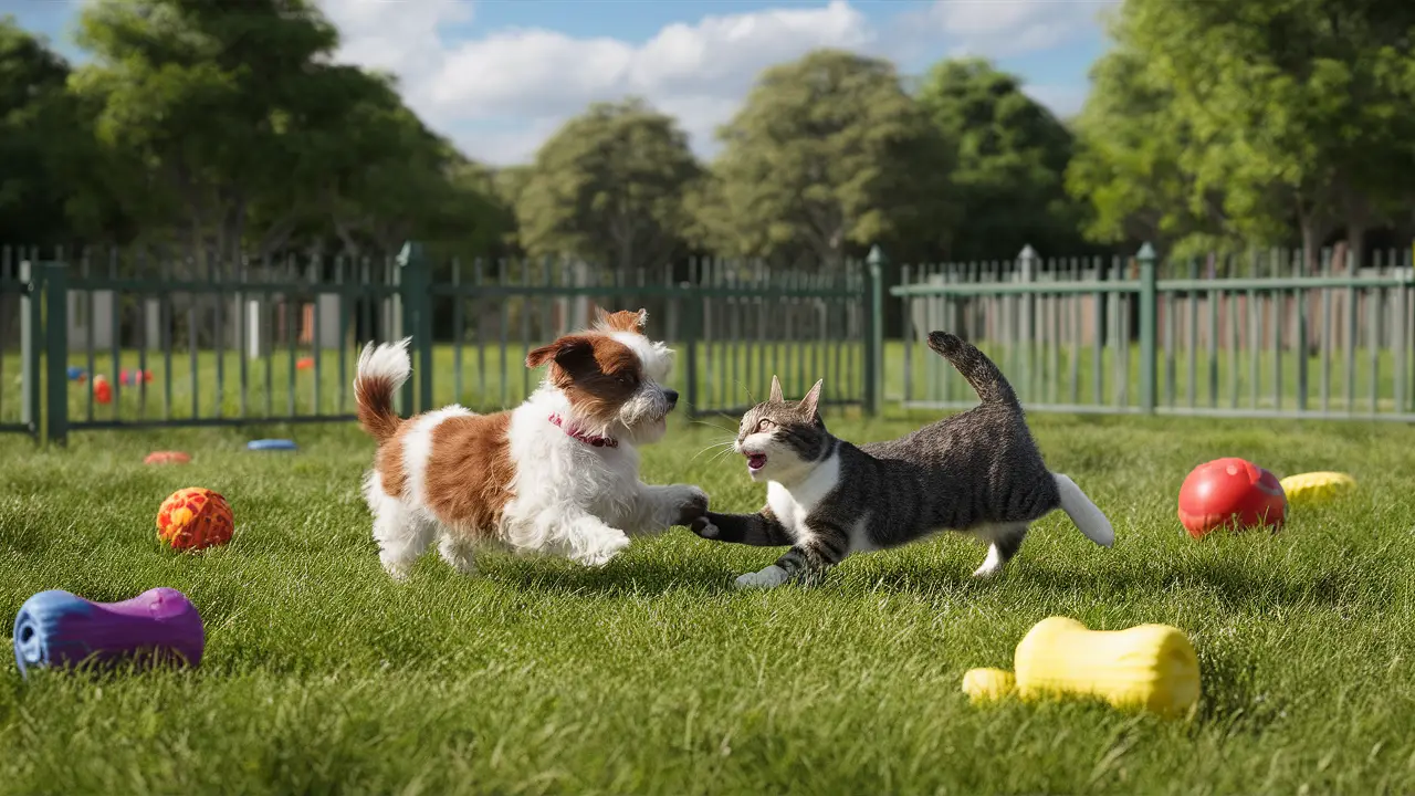 Cão e gato brincando em um parque cercado com brinquedos coloridos e céu azul.