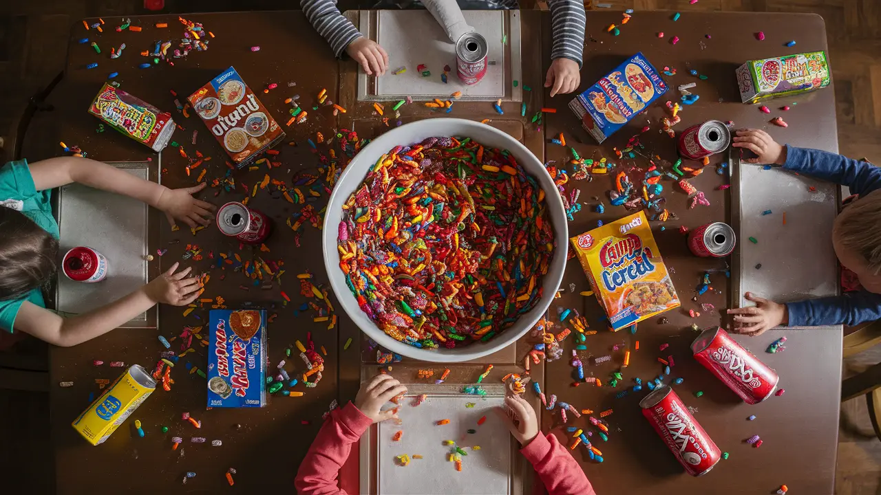 Mesa cheia de doces, cereais açucarados e refrigerantes com mãos de crianças tentando pegá-los.