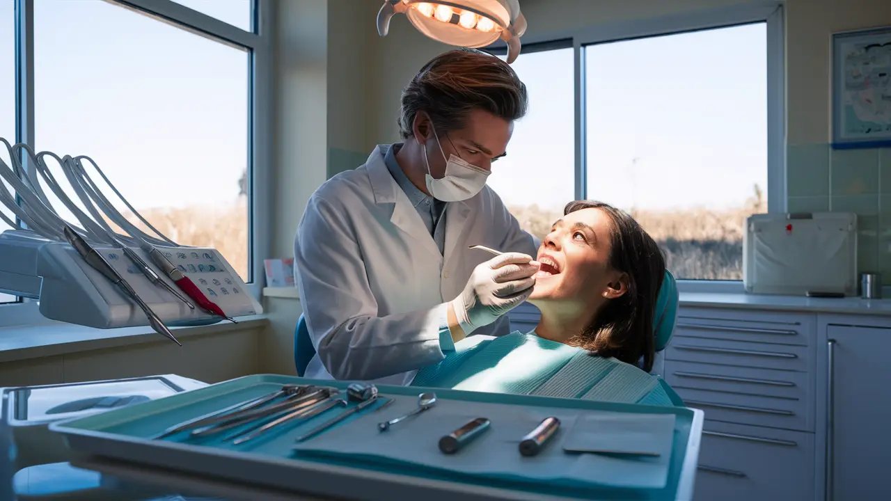 Dentista examina dentes de paciente em clínica bem iluminada com janela grande e céu claro ao fundo.