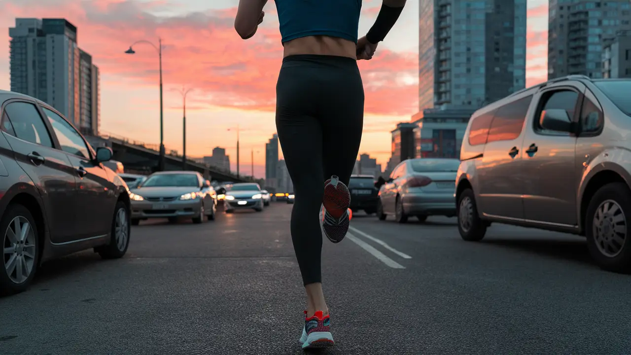 Pessoa correndo com roupas esportivas em uma rua movimentada da cidade ao pôr do sol.