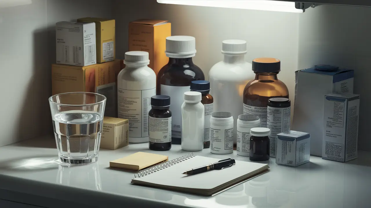 Armário de medicamentos bem organizado com garrafa, caixa de remédios, copo d'água, bloco de notas e caneta.