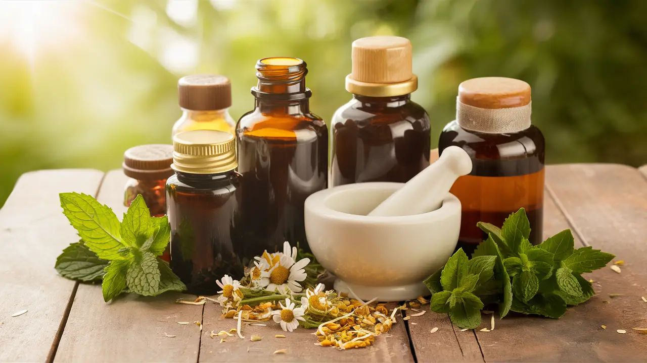 Frascos de ervas medicinais em uma mesa de madeira com pilão e ervas frescas como hortelã e camomila.