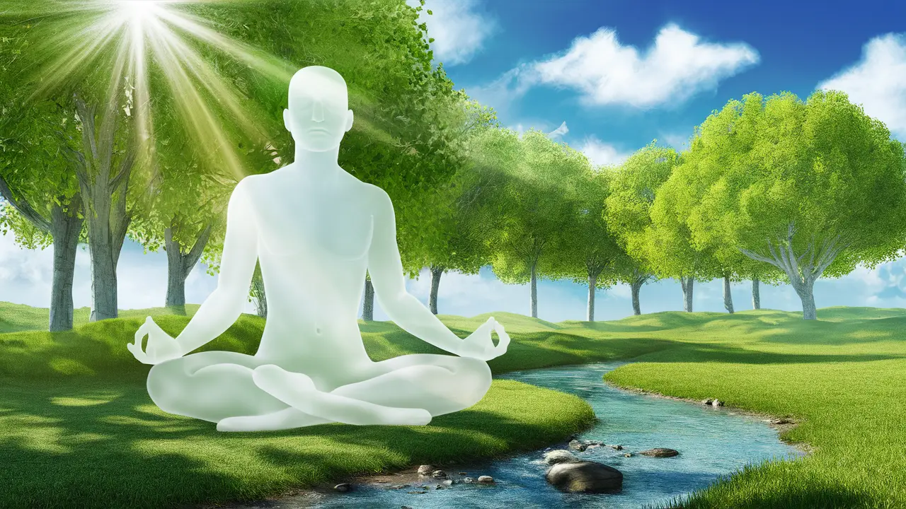 Silhueta humana meditativa em um bosque verdejante com riacho e céu azul claro.