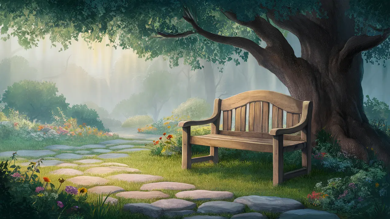 Banco de madeira sob uma grande árvore em um jardim tranquilo cercado por flores coloridas e caminho de pedras.