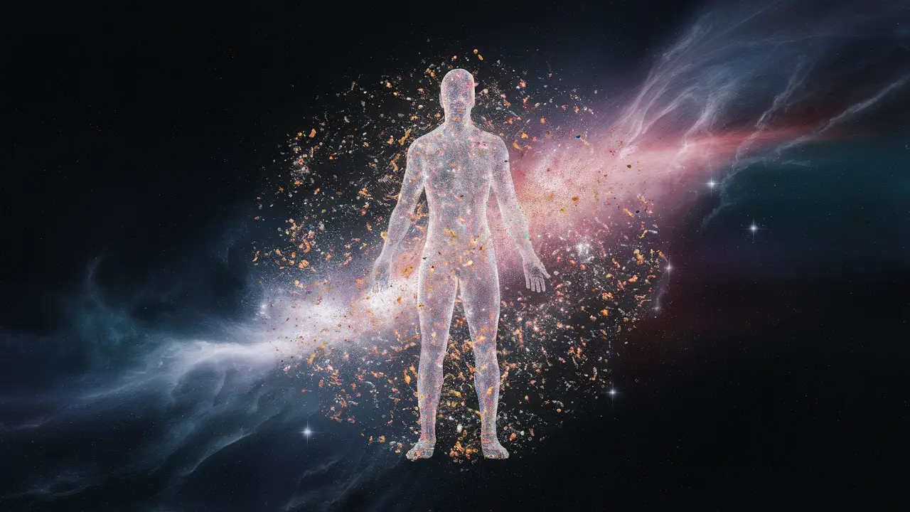 Silhueta humana translúcida cercada por partículas coloridas em um universo estrelado com nebulosas.