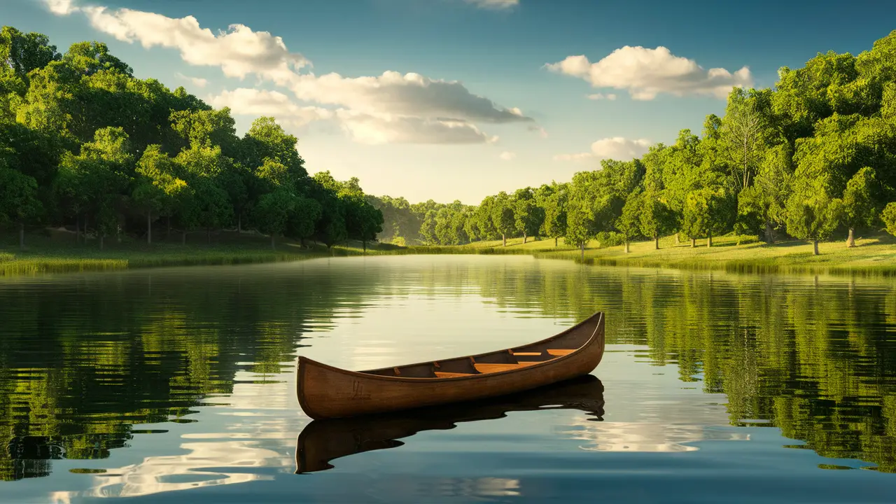 Uma paisagem tranquila com um lago calmo refletindo o céu claro, cercado por árvores verdes, e um pequeno barco de madeira na água.