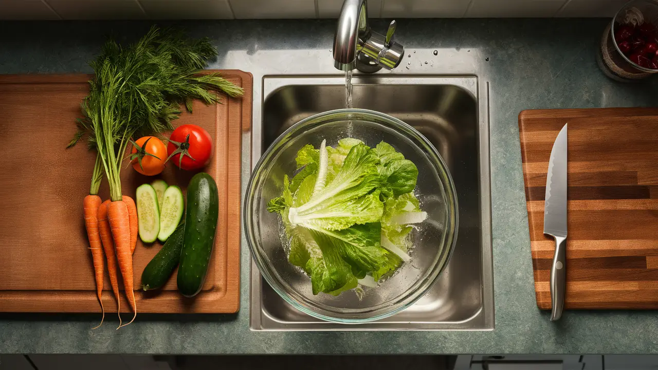 Legumes frescos organizados em uma tábua de corte ao lado de uma faca de aço inoxidável na cozinha.