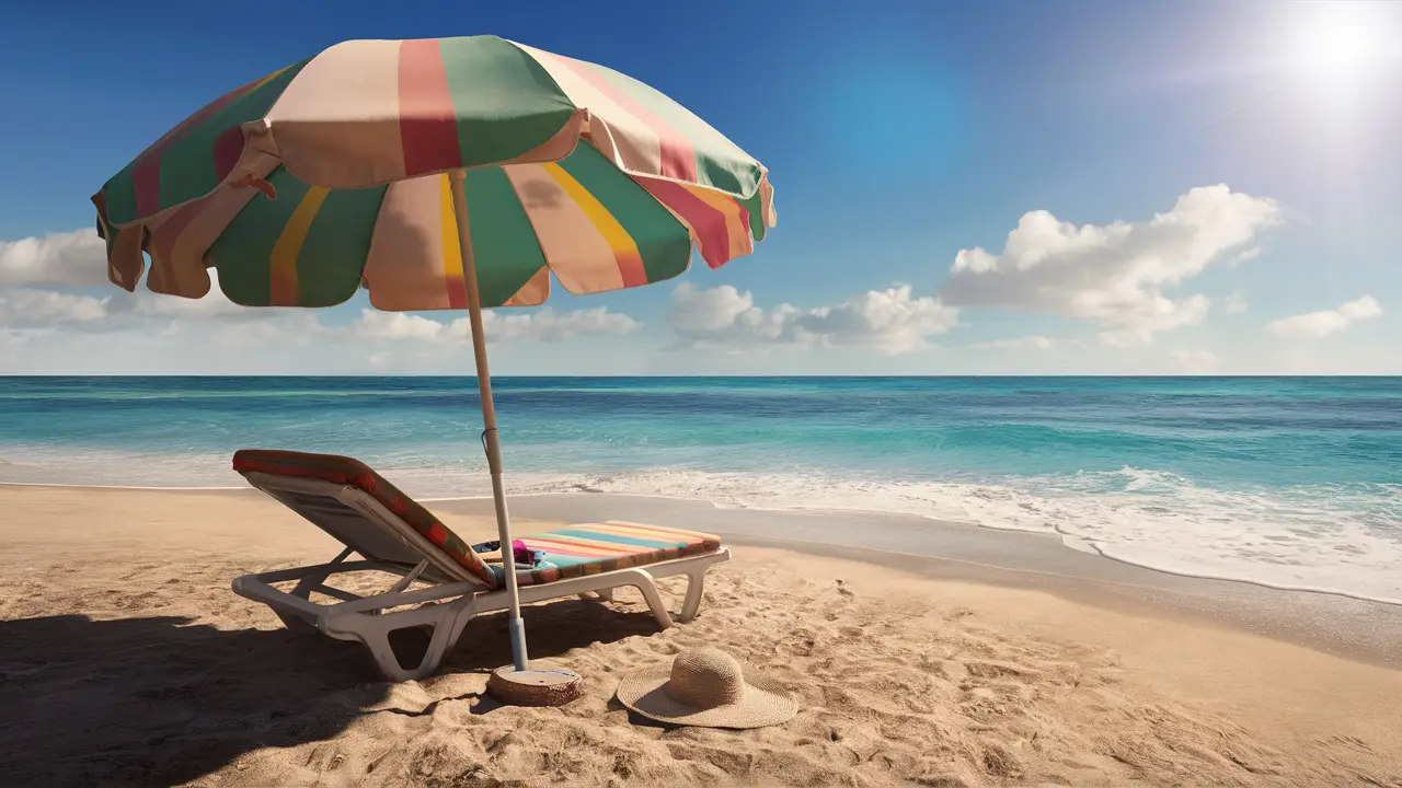 Guarda-sol colorido em praia ensolarada, com chapéu e óculos de sol na areia e ondas do mar ao fundo.