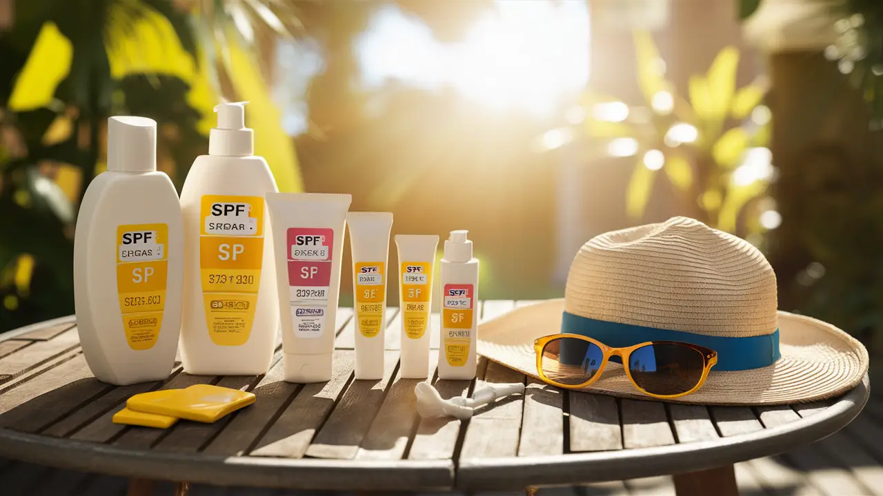 Produtos de proteção solar em diferentes tamanhos sobre uma mesa de madeira, com chapéu de sol e óculos de sol ao lado.