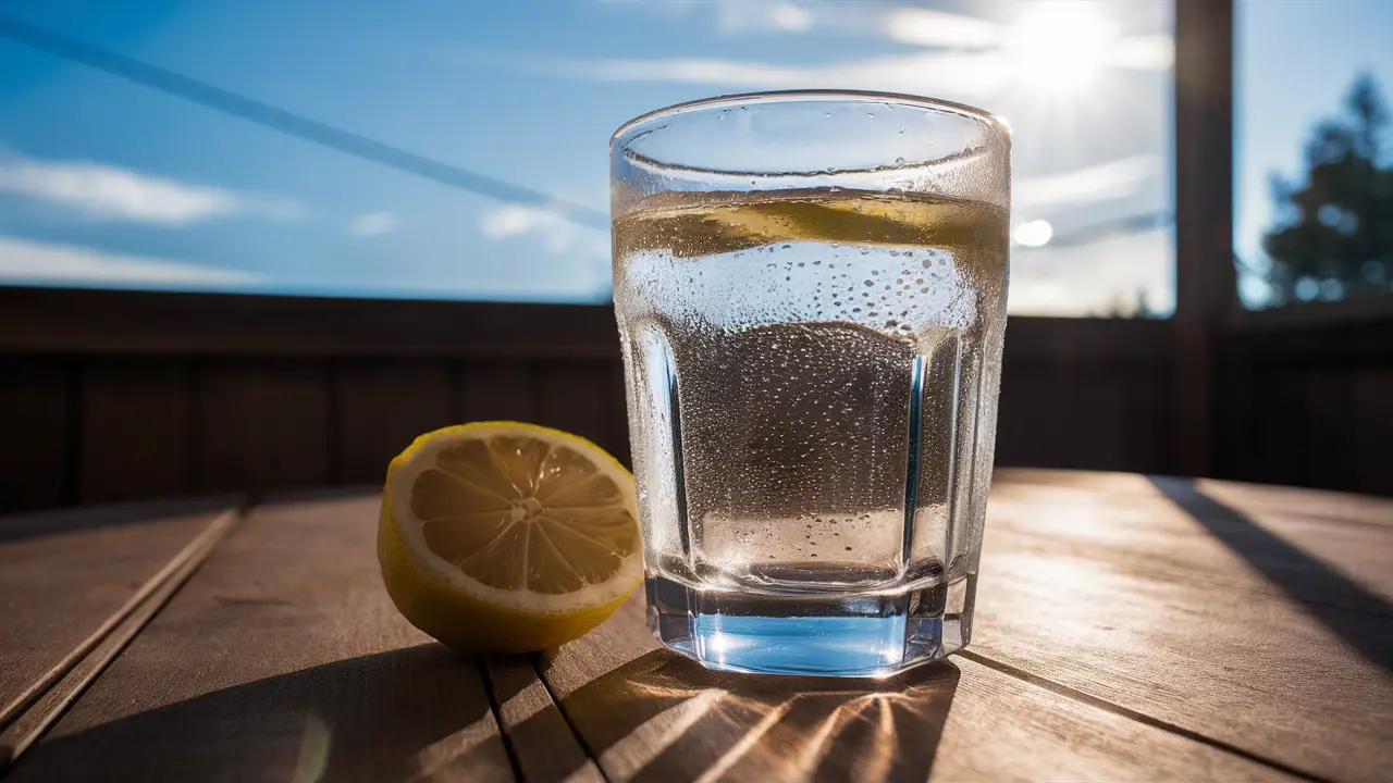 Copo de água com condensação sobre a mesa de madeira, ao sol, com fatia de limão e céu azul ao fundo.