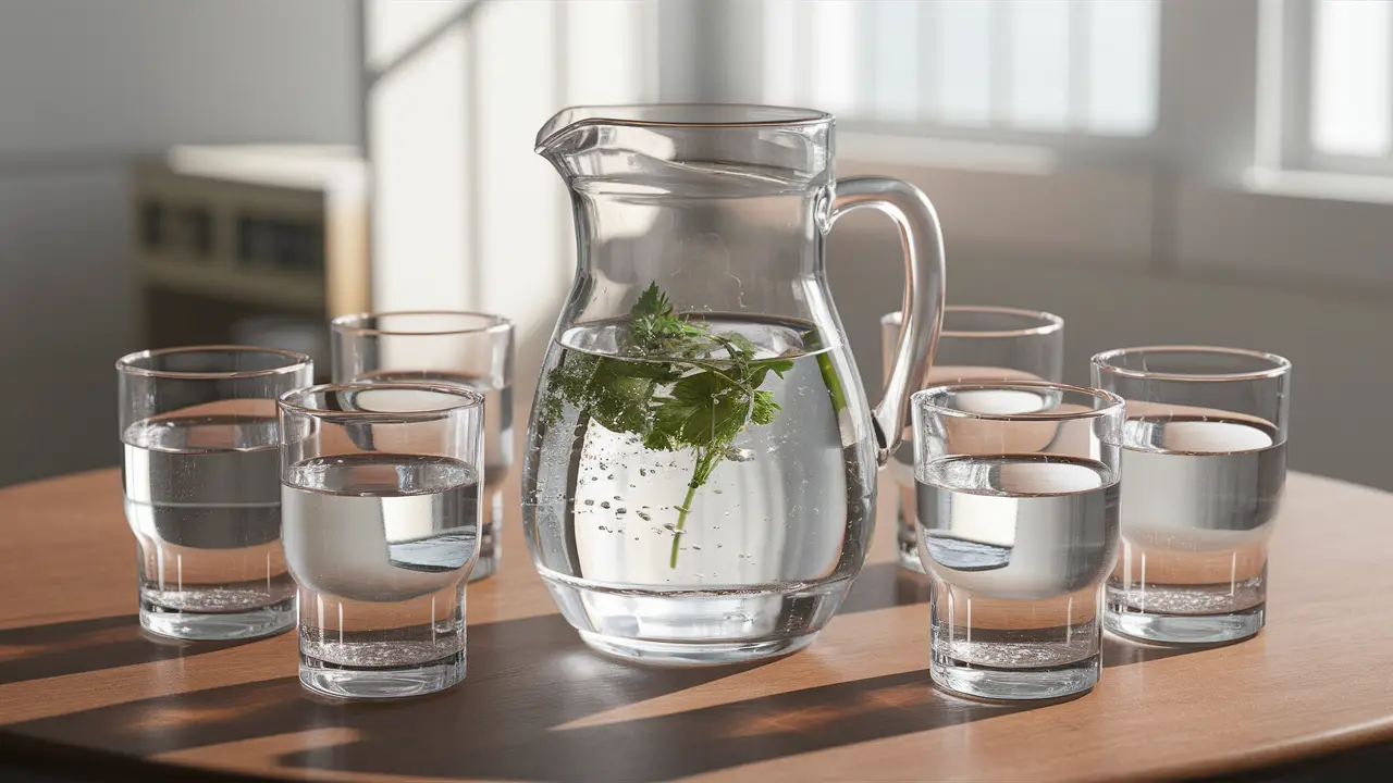 Jarra de vidro cheia de água fresca cercada por seis copos de vidro meio cheios em mesa de madeira.