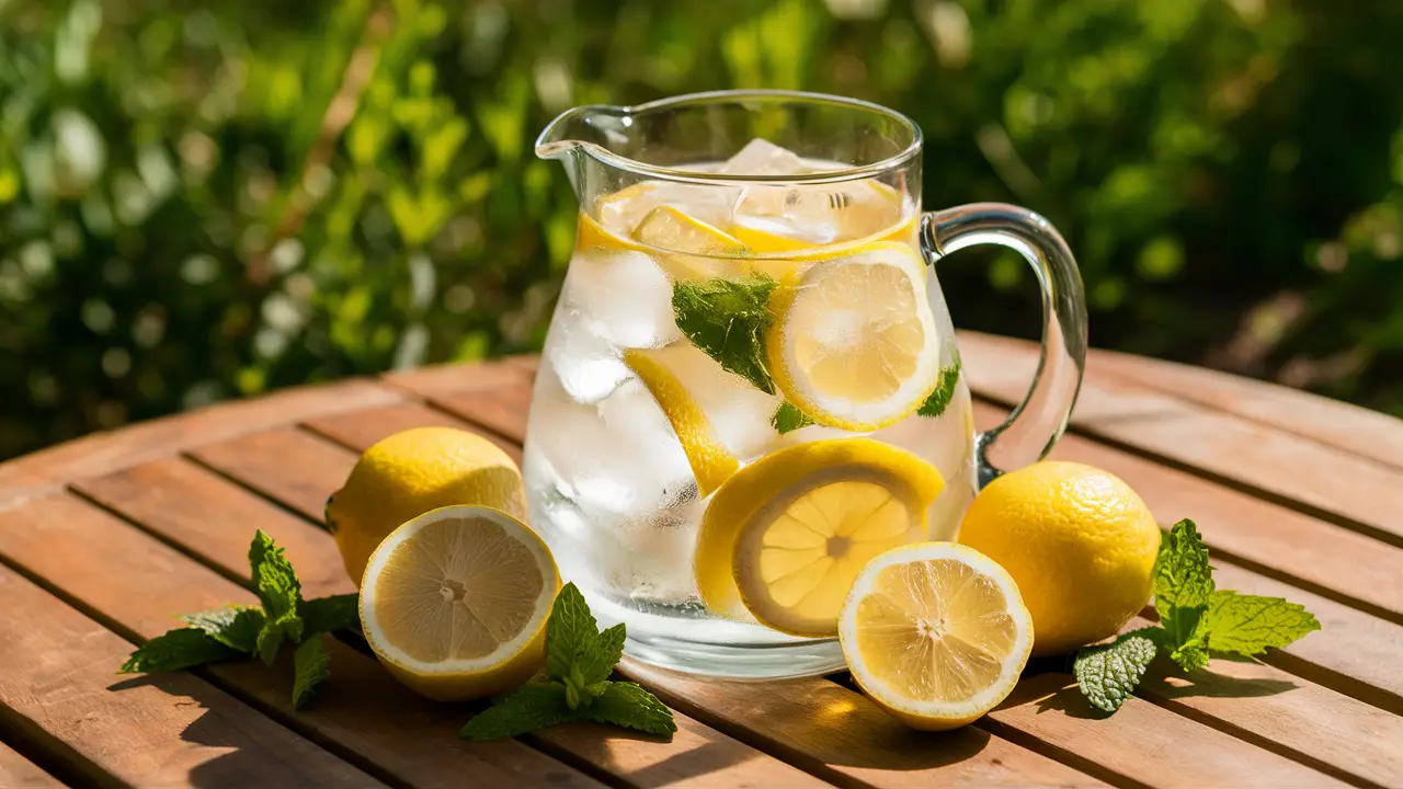 Jarra de vidro com água, cubos de gelo, fatias de limão e hortelã sobre mesa de madeira iluminada pela luz do dia.