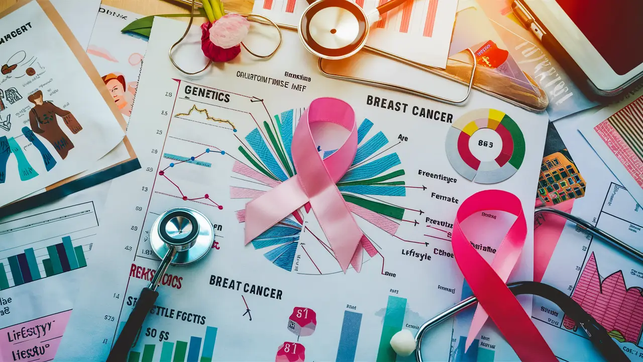 Gráficos e ilustrações de fatores de risco para câncer de mama em uma mesa com estetoscópio e fita rosa.