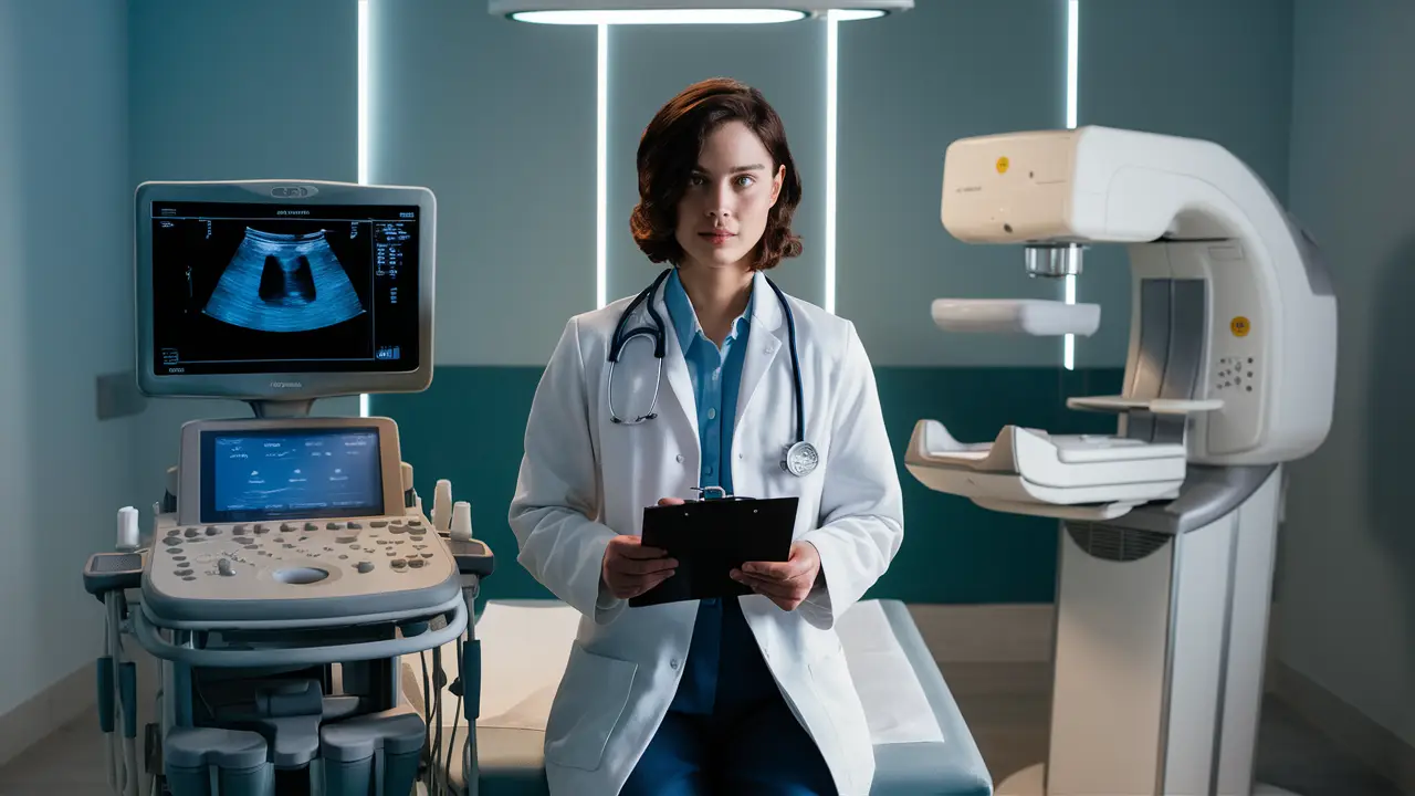 Médico em sala de exame com ultrassom e mamografia.