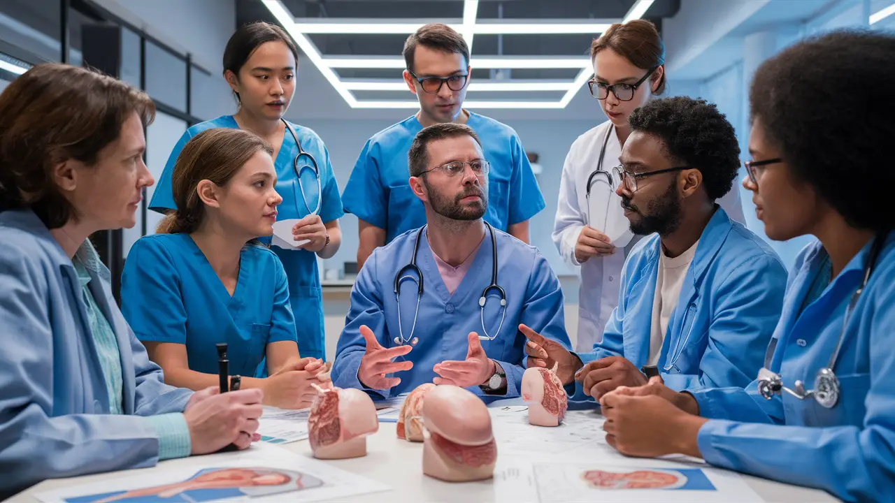 Médicos discutindo estratégias de prevenção do câncer de próstata com modelos anatômicos em uma clínica.