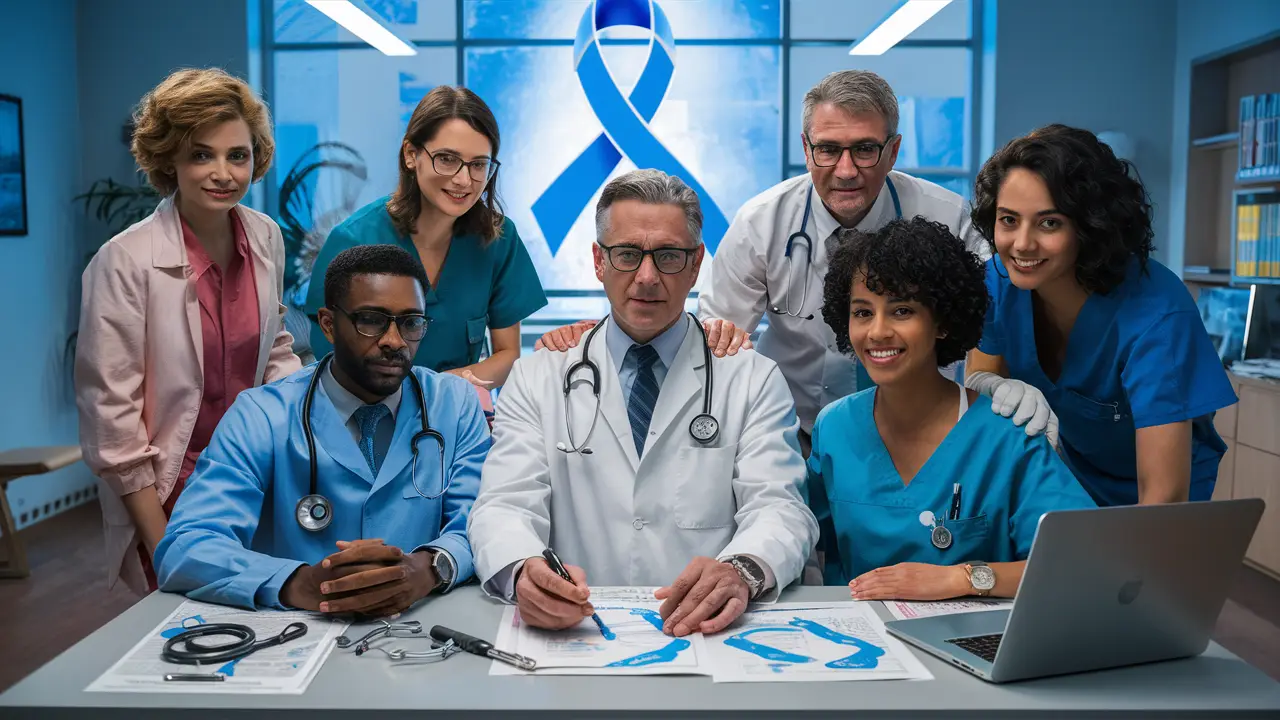 Profissionais de saúde discutindo métodos de prevenção com gráficos médicos e símbolo de laço azul ao fundo.