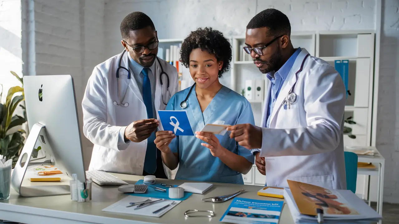 Três profissionais de saúde analisando um cartão de saúde digital com símbolo de fita azul em uma sala de escritório médico.