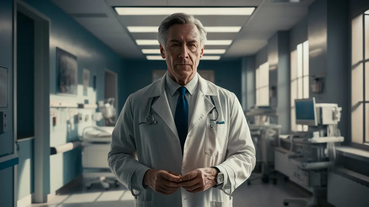 Médico de meia-idade em pé em um corredor hospitalar moderno com equipamentos médicos avançados e luz suave.