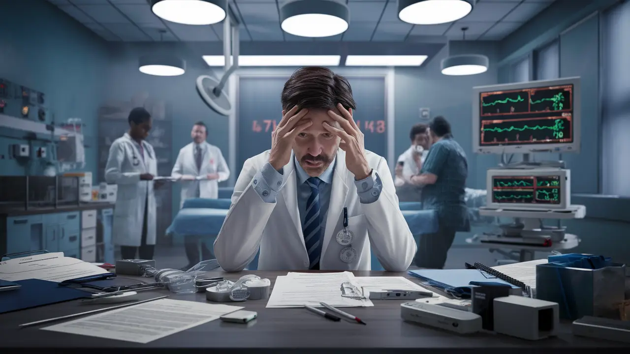 Médico estressado em um quarto de hospital moderno com equipamentos médicos e papéis na mesa.