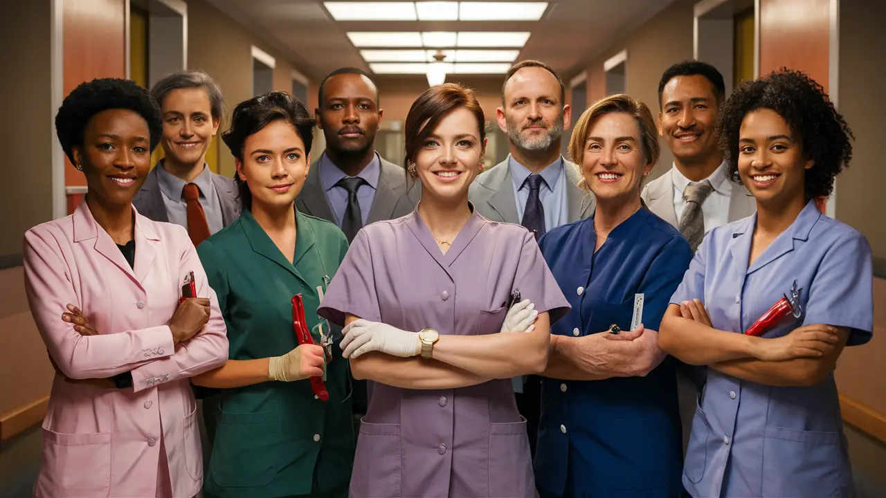 Grupo de profissionais de saúde em uniformes variados, sorrindo em um corredor de hospital, segurando ferramentas médicas.