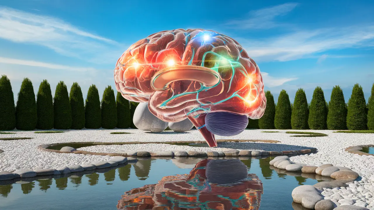 Cérebro de vidro transparente com conexões neurais coloridas em um jardim Zen sob céu azul.