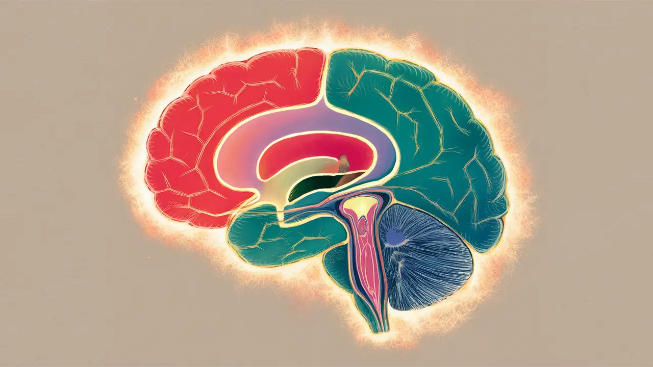 Corte transversal detalhado do cérebro humano com áreas destacadas em cores vibrantes representando efeitos da meditação.