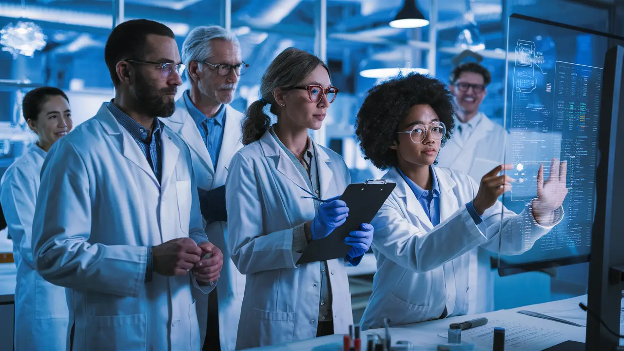 Cientistas diversos analisando dados em um laboratório moderno com equipamentos científicos ao fundo.
