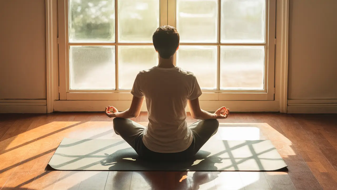 Pessoa meditando em um tapete em uma sala tranquila com janela grande e luz do sol suave entrando.