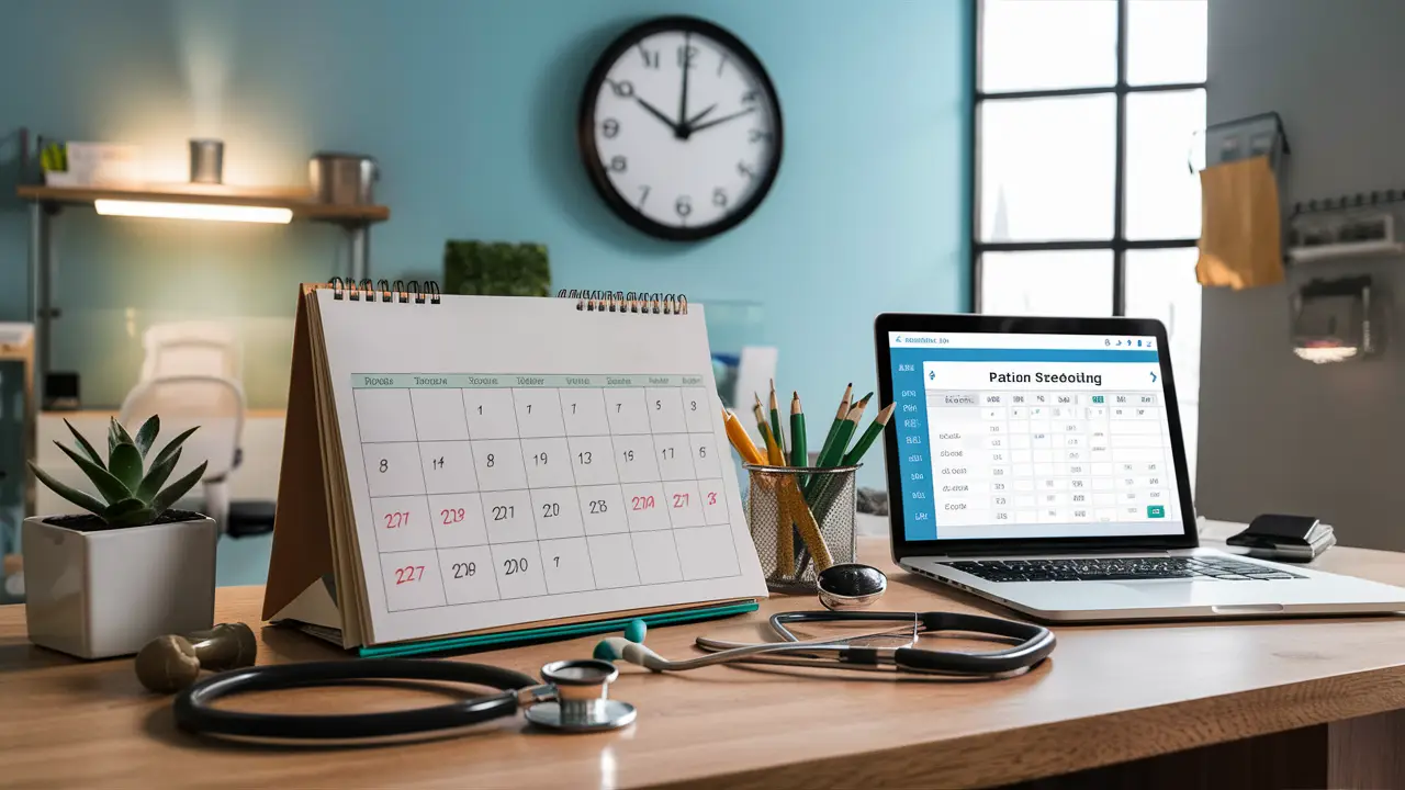 Consultório com calendário, estetoscópio, laptop com software de agendamento e planta em mesa de madeira.