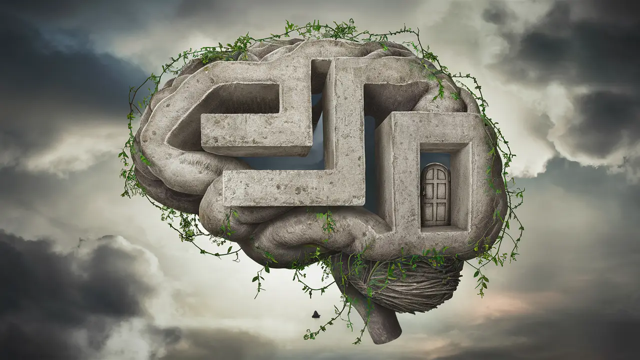 Cérebro em formato de labirinto com paredes de concreto e vinhas sob céu nublado.