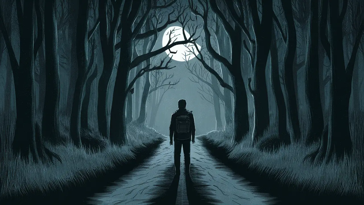 Pessoa solitária diante de uma floresta densa e enevoada, com sombras misteriosas à luz da lua.