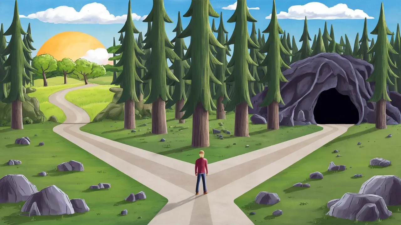 Pessoa em uma encruzilhada na floresta, com caminhos para uma clareira ensolarada e uma caverna escura.